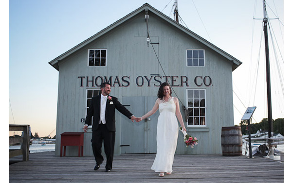 mystic seaport wedding photo in front of oyster co. 